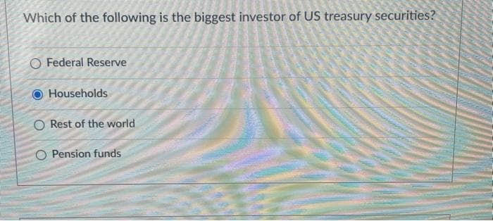 Which of the following is the biggest investor of US treasury securities?
O Federal Reserve
Households
O Rest of the world
Pension funds
