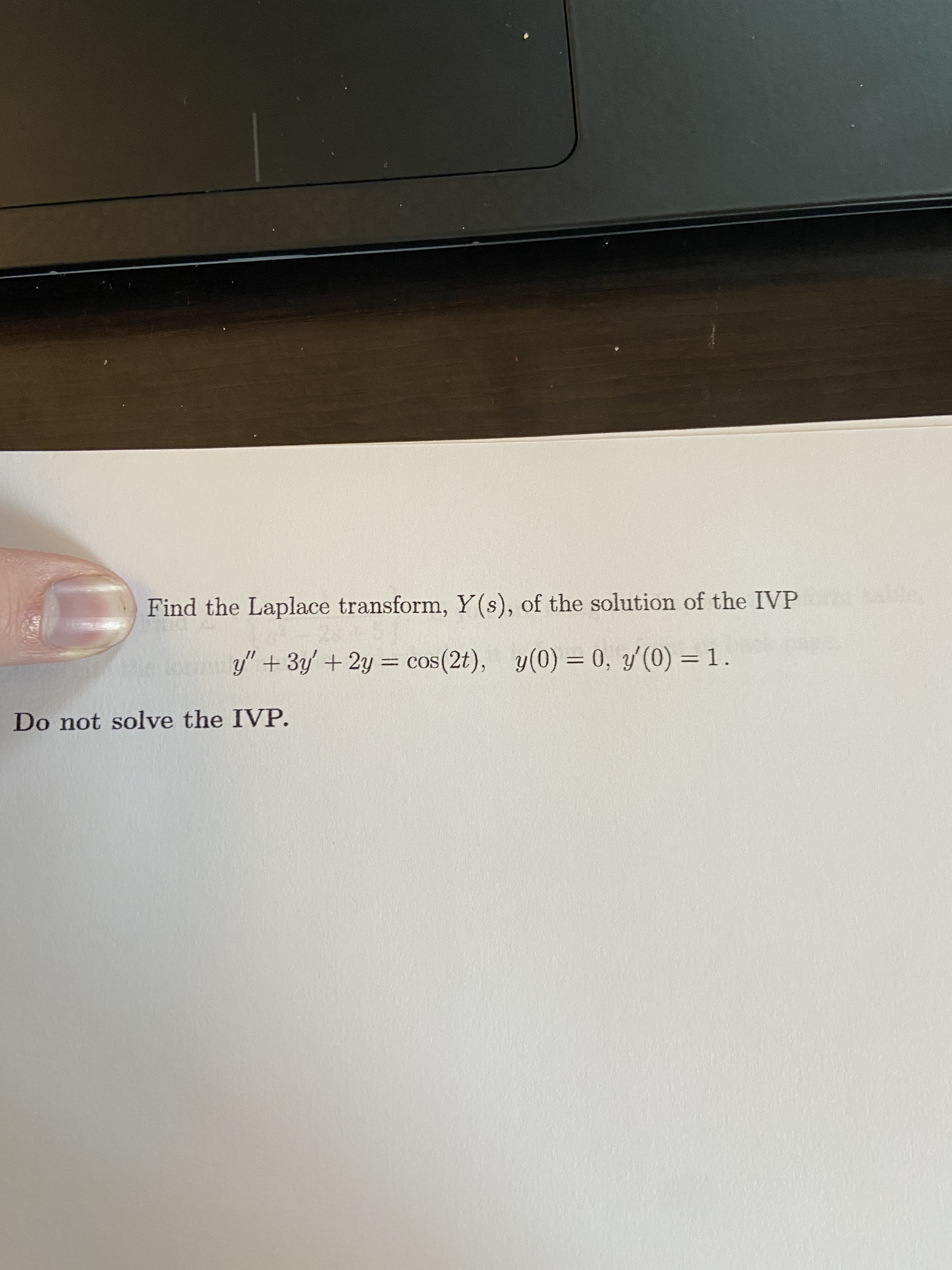 Find the Laplace transform, Y(s), of the solution of the IVP
y" + 3y + 2y = cos(2t), y(0) = 0, y'(0) = 1.
= COS
