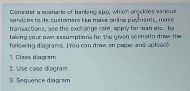 Consider a scenario of banking app, which provides various
services to its customers like make online payłnents, make
transactions, see the exchange rate, apply for loan etc. by
taking your own assumptions for the given scenario draw the
following diagrams. (You can draw on paper and upload)
1. Class diagram
2. Use case diagram
3. Sequence diagram
