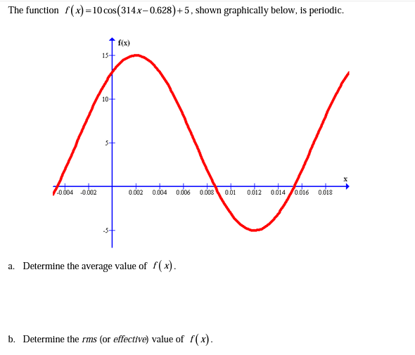 The function f(x) =10 cos(314x-0.628)+5, shown graphically below, is periodic.
f(x)
15+
10+
7obo4 o02
0 002
odes odo obi o012 od14 0016
0.004
0.008
0d18
a. Determine the average value of f( x).
b. Determine the rms (or effective) value of f(x).
