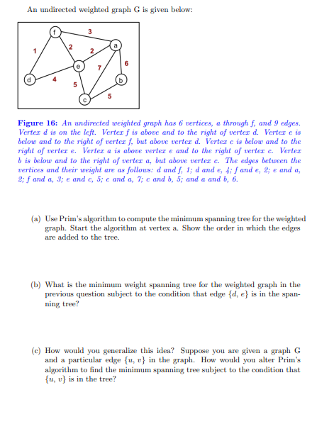 ### An Undirected Weighted Graph G

**Figure Explanation:**
The figure depicts an undirected weighted graph G with 6 vertices, labeled \( a, b, c, d, e, f \), and 9 edges with specified weights. The arrangement and weights are as follows:

- \( a \) is positioned on the left.
- \( f \) is above and to the right of \( a \).
- \( b \) is below and to the right of \( f \), but above \( e \).
- \( c \) is below and to the right of \( e \), but above \( d \).
- The edges and their weights:
  - \( a \) and \( f \): 1
  - \( f \) and \( e \): 4
  - \( e \) and \( d \): 2
  - \( f \) and \( a \): 3
  - \( e \) and \( c \): 5
  - \( c \) and \( a \): 7
  - \( c \) and \( b \): 5
  - \( a \) and \( b \): 6

**Tasks and Questions:**

**(a) Use Prim’s algorithm to compute the minimum spanning tree for the weighted graph. Start the algorithm at vertex \( a \). Show the order in which the edges are added to the tree.**

**(b) What is the minimum weight spanning tree for the weighted graph in the previous question subject to the condition that edge \((d, e)\) is in the spanning tree?**

**(c) How would you generalize this idea? Suppose you are given a graph \( G \) and a particular edge \((u, v)\) in the graph. How would you alter Prim’s algorithm to find the minimum spanning tree subject to the condition that \((u, v)\) is in the tree?**
 
---

For use in an educational context, the following details are necessary to understand and solve the tasks:

**Figure 16:**
This undirected weighted graph has the following layout and connections: 

- Vertices: \( a, b, c, d, e, f \)
- Edges with weights:
  - \( a \) and \( f \): weight 1
  - \( f \) and \( e \): weight 4
  - \(