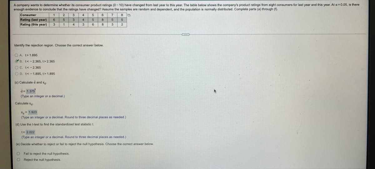 A company wants to determine whether its consumer product ratings (0- 10) have changed from last year to this year. The table below shows the company's product ratings from eight consumers for last year and this year. At a = 0.05, is there
enough evidence to conclude that the ratings have changed? Assume the samples are random and dependent, and the population is normally distributed. Complete parts (a) through (n).
Consumer
Rating (last year)
Rating (this year)
4
5
6
5
3
1
4
3
3
Identify the rejection region. Choose the correct answer below.
O A. t> 1.895
YB. t< -2.365, t> 2.365
O C. t< -2.365
O D. t< - 1.895, t> 1.895
(c) Calculate d and s4.
d= 1.375
(Type an integer or a decimal.)
Calculate sa-
$= 1.923
(Type an integer or a decimal. Round to three decimal places as needed.)
(d) Use the t-test to find the standardized test statistic t.
t= 2.022
(Type an integer or a decimal. Round to three decimal places as needed.)
(e) Decide
hether
reject or fail to reject the null hypothesis. Choose the correct answer below
O Fail to reject the null hypothesis.
O Reject the null hypothesis.
