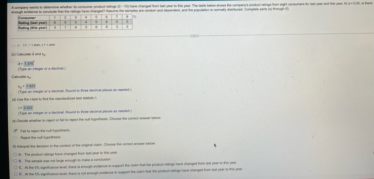 A company wants to determine whether its consumer product ratings (0-10) have changed from last year to this year. The table below shows the company's product ratings from eight consumers for last year and this year. At a=0.05, is there
enough evidence to conclude that the ratings have changed? Assume the samples are random and dependent, and the population is normally distributed. Complete parts (a) through (1).
6
17
Consumer
Rating (last year)
Rating (this year)
1
6
3
4
5
5
4
3
2
OU. I<- 1.095, 1> 1.895
(c) Calculate d and s
d= 1.375
(Type an integer or a decimal.)
Calculate sa
S = 1.923
(Type an integer or a decimal. Round to three decimal places as needed.)
(d) Use the t-test to find the standardized test statistic t.
t= 2.022
(Type an integer or a decimal. Round to three decimal places as needed.)
(e) Decide whether to reject or fail to reject the null hypothesis. Choose the correct answer below
Y Fail to reject the null hypothesis.
O Reject the null hypothesis.
(f) Interpret the decision in the context of the original claim. Choose the correct answer below
O A. The product ratings have changed from last year to this year.
O B. The sample was not large enough to make a conclusion.
O C. At the 5% significance level, there is enough evidence to support the claim that the product ratings have changed from last year to this year.
O D. At the 5% significance level, there is not enough evidence to support the claim that the product ratings have changed from last year to this year.
