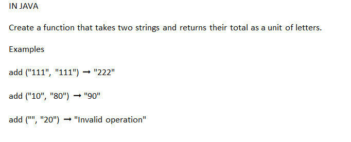 IN JAVA
Create a function that takes two strings and returns their total as a unit of letters.
Examples
add ("111", "111") ➡ "222"
add ("10", "80") "90"
add ("", "20") → "Invalid operation"