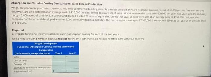 Absorption and Variable Costing Comparisons: Sales Exceed Production
Wright Development purchases, develops, and sells commercial building sites. As the sites are sold, they are cleared at an average cost of $8,000 per site. Storm drains and
driveways are also installed at an average cost of $10,000 per site. Selling costs are 6% of sales price. Administrative costs are $600,000 per year. Two years ago, the company
bought 2,000 acres of land for $7,500,000 and divided it into 200 sites of equal size. During that year. 95 sites were sold at an average price of $150,000. Last year, the
company purchased and developed another 2,000 acres, divided into 200 sites. The purchase price was again $7,500,000. Sales totaled 250 sites last year at an average price
of $150,000.
Required
a. Prepare functional income statements using absorption costing for each of the two years.
Use a negative sign only to indicate a net loss for income. Otherwise, do not use negative signs with your answers.
Wright Development
Functional (Absorption Costing) Income Statements
Comparative
(in thousands, except site data)
Sales
Cost of sales
Gross profit
Selling and administrative expenses
Net income doss)
5
Year 1
$
Year 2