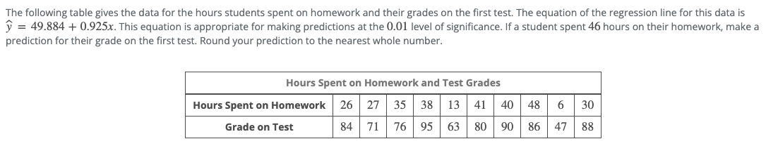 ### Predicting Student Grades Based on Homework Hours

The following data represents the hours students spent on homework and their respective grades on the first test. The regression line equation for this dataset is:

\[ \hat{y} = 49.884 + 0.925x \]

This equation is applicable for making predictions at the 0.01 level of significance. Using this equation, if a student spent 46 hours on homework, we can predict their test grade. Remember to round your prediction to the nearest whole number.

#### Hours Spent on Homework and Test Grades

| Hours Spent on Homework | 26 | 27 | 35 | 38 | 13 | 41 | 40 | 48 | 6  | 30 |
|-------------------------|----|----|----|----|----|----|----|----|----|----|
| Grade on Test           | 84 | 71 | 76 | 95 | 63 | 80 | 90 | 86 | 47 | 88 |

**Prediction Calculation Example:**

For a student who spent 46 hours on homework:
\[ \hat{y} = 49.884 + 0.925(46) \]

First, calculate the value inside the parentheses:
\[ 0.925 \times 46 = 42.55 \]

Next, add this value to 49.884:
\[ \hat{y} = 49.884 + 42.55 = 92.434 \]

Therefore, the predicted grade for a student who spent 46 hours on homework is approximately 92, when rounded to the nearest whole number.