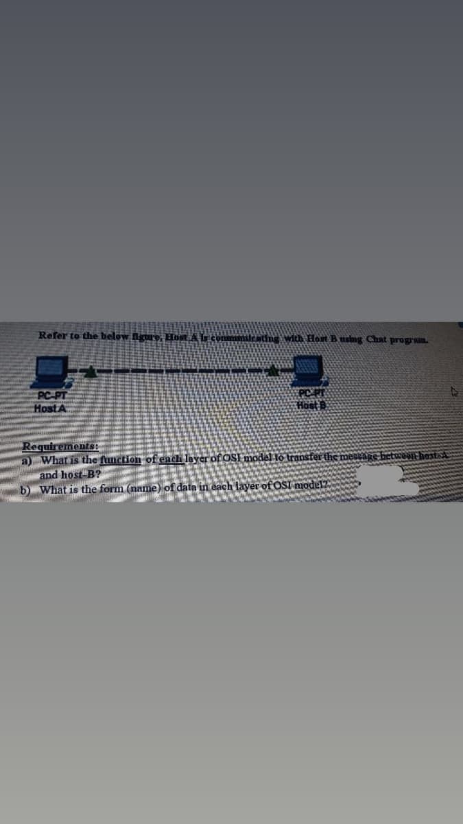 Refer to the below Ngue, BHom A Ircommmileating with Host B using Chat program.
PC-PT
HostA
Host
RequirementSE
a) What is the function of ench layer of OSI model lô transfer the message hetweant hostsA
and host-B?
b) What is the form (name) of data in each layer of OSI model
