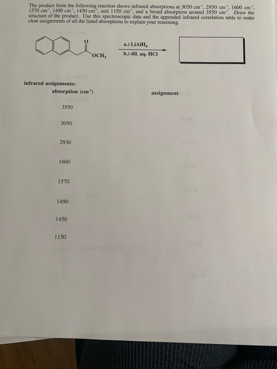 The product from the following reaction shows infrared absorptions at 3050 cm', 2930 cm', 1600 cm',
1570 cm', 1490 cm', 1450 cm", and 1150 cm', and a broad absorption around 3550 cm
structure of the product. Use this spectroscopic data and the appended infrared correlation table to make
clear assignments of all the listed absorptions to explain your reasoning.
Draw the
a.) LİAIH4
OCH3
b.) dil. aq. HCI
infrared assignments:
absorption (cm')
assignment
3550
3050
2930
1600
1570
1490
1450
1150
