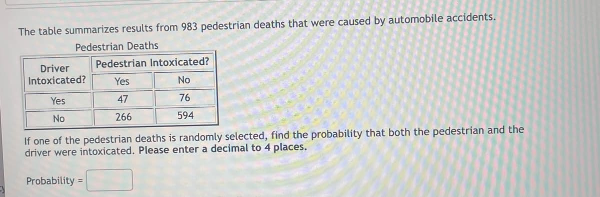 The table summarizes results from 983 pedestrian deaths that were caused by automobile accidents.
Pedestrian Deaths
Driver
Intoxicated?
Yes
No
Pedestrian Intoxicated?
Yes
No
47
76
266
594
If one of the pedestrian deaths is randomly selected, find the probability that both the pedestrian and the
driver were intoxicated. Please enter a decimal to 4 places.
Probability =