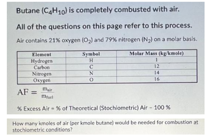 Butane (C4H10) is completely combusted with air.
All of the questions on this page refer to this process.
Air contains 21% oxygen (O2) and 79% nitrogen (N2) on a molar basis.
Element
Symbol
Molar Mass (kg/kmole)
H.
Hydrogen
Carbon
C
12
14
Nitrogen
Охуgen
16
mair
AF =
mfuel
% Excess Air = % of Theoretical (Stochiometric) Air - 100 %
How many kmoles of air (per kmole butane) would be needed for combustion at
stochiometric conditions?
