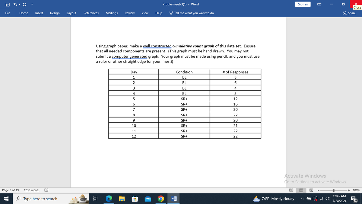 Problem-set-3(1) - Word
File
Home
Insert
Design
Layout
References
Mailings Review View
Help
Tell me what you want to do
Page 3 of 19 1233 words 呕
о
Type here to search
Using graph paper, make a well constructed cumulative count graph of this data set. Ensure
that all needed components are present. (This graph must be hand drawn. You may not
submit a computer generated graph. Your graph must be made using pencil, and you must use
a ruler or other straight edge for your lines.))
近
Day
1
Condition
BL
2
BL
3
BL
# of Responses
3
6
4
4
BL
5
SR+
12
6
SR+
16
7
SR+
20
8
SR+
22
9
SR+
20
10
SR+
21
11
SR+
22
12
SR+
22
Sign in
Close
Share
Activate Windows
Go to Settings to activate Windows.
闈
74°F Mostly cloudy
+ 100%
12:45 AM
7/24/2024 12