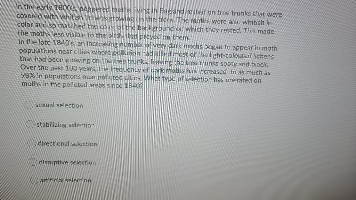 In the early 1800's, peppered moths living in England rested on tree trunks that were
Covered with whitish lichens growing on the trees. The moths were also whitish in
color and so matched the color of the background on which they rested. This made
the moths less visible to the birds that preyed on them.
In the late 1840's, an increasing number of very dark moths began to appear in moth
populations near cities where pollution had killed most of the light-coloured lichens
that had been growing on the tree trunks, leaving the tree trunks sooty and black.
Over the past 100 years, the frequency of dark moths has increased to as much as
98% in populations near polluted cities. Mhat type of selection has operated on
moths in the polluted areas since 1840?
DD sexual selection
D stabilizing selection
KIT directional selection
ID disruptive selection
KD artificial selection
