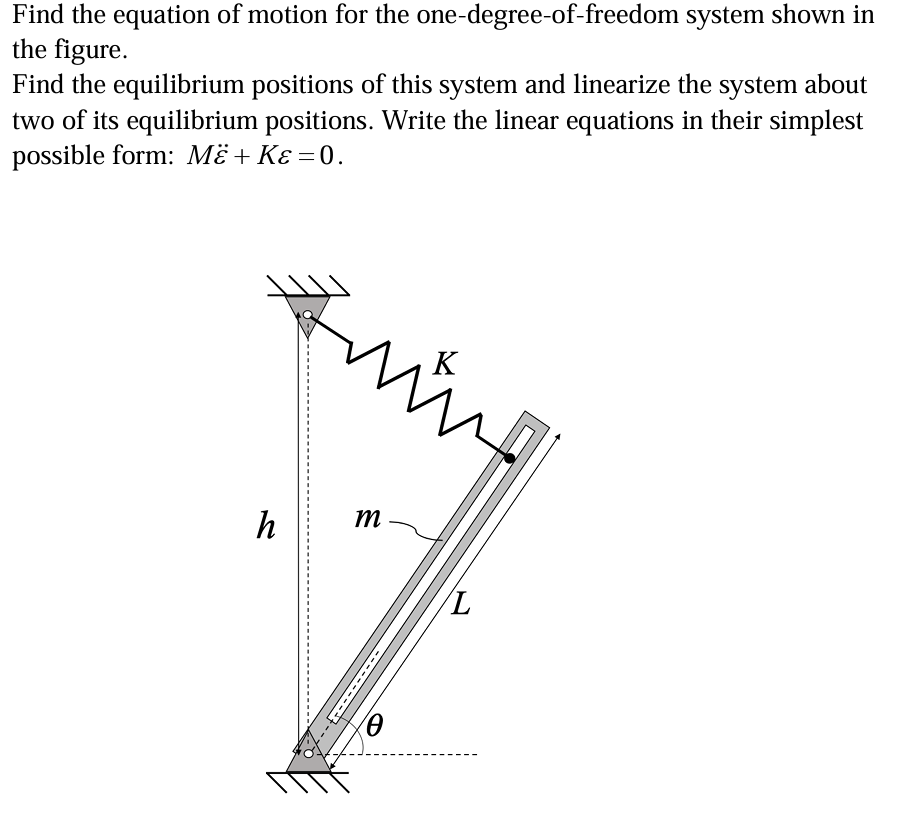 Find the equation of motion for the
the figure.
one-degree-of-freedom system shown in
Find the equilibrium positions of this system and linearize the system about
two of its equilibrium positions. Write the linear equations in their simplest
possible form: MË + Kε = 0.
h
fring
m
0
L