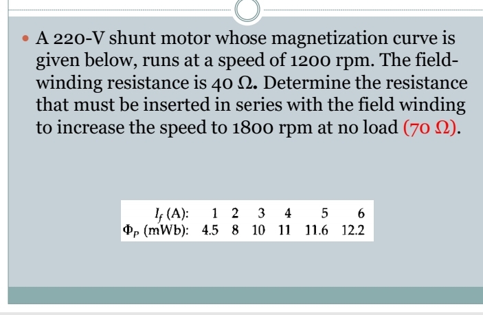 • A 220-V shunt motor whose magnetization curve is
given below, runs at a speed of 1200 rpm. The field-
winding resistance is 40 N. Determine the resistance
that must be inserted in series with the field winding
to increase the speed to 1800 rpm at no load (70 ).
If (A): 1 2 3 4
Op (mWb): 4.5 8 10 11
5 5 6
11.6 12.2