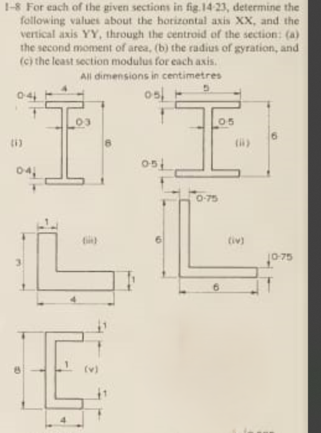 1-8 For each of the given sections in fig.14-23, determine the
following values about the horizontal axis XX, and the
vertical axis YY, through the centroid of the section: (a)
the second moment of area, (b) the radius of gyration, and
(c) the least section modulus for each axis.
All dimensions in centimetres
113
041
03
(v)
05
051
9
0-75
05
6
(iv)
10-75