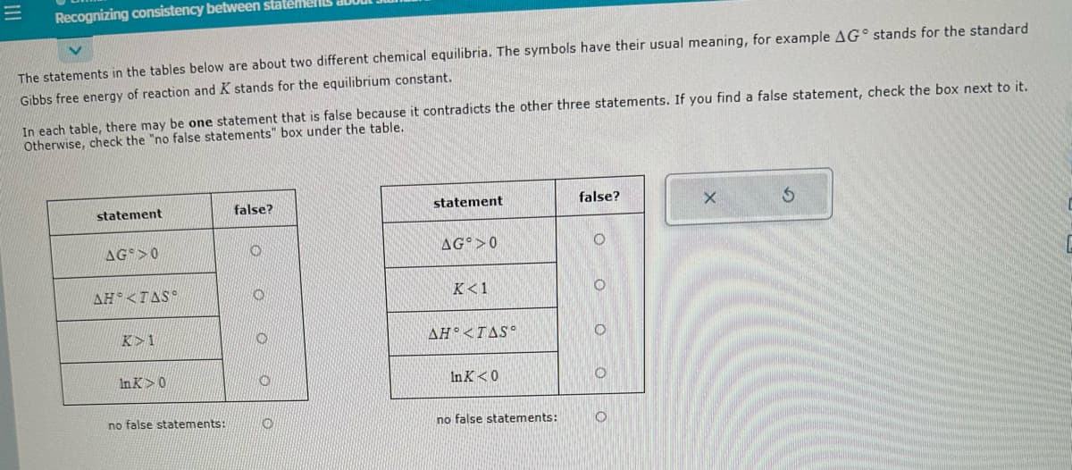 **Recognizing Consistency Between Statements About Chemical Equilibria**

The statements in the tables below are about two different chemical equilibria. The symbols have their usual meaning, for example, \( \Delta G^\circ \) stands for the standard Gibbs free energy of reaction and \( K \) stands for the equilibrium constant.

In each table, there may be one statement that is false because it contradicts the other three statements. If you find a false statement, check the box next to it. Otherwise, check the "no false statements" box under the table.

| statement               | false?   |
|-------------------------|----------|
| \( \Delta G^\circ > 0 \)      | ☐        |
| \( \Delta H^\circ < T \Delta S^\circ \) | ☐        |
| \( K > 1 \)               | ☐        |
| \( \ln K > 0 \)           | ☐        |
| no false statements:     | ☐        |

| statement               | false?   |
|-------------------------|----------|
| \( \Delta G^\circ > 0 \)      | ☐        |
| \( K < 1 \)               | ☐        |
| \( \Delta H^\circ < T \Delta S^\circ \) | ☐        |
| \( \ln K < 0 \)           | ☐        |
| no false statements:     | ☐        |

This interactive exercise is designed to test your understanding of the relationships between standard Gibbs free energy and equilibrium constants in chemical equilibria.