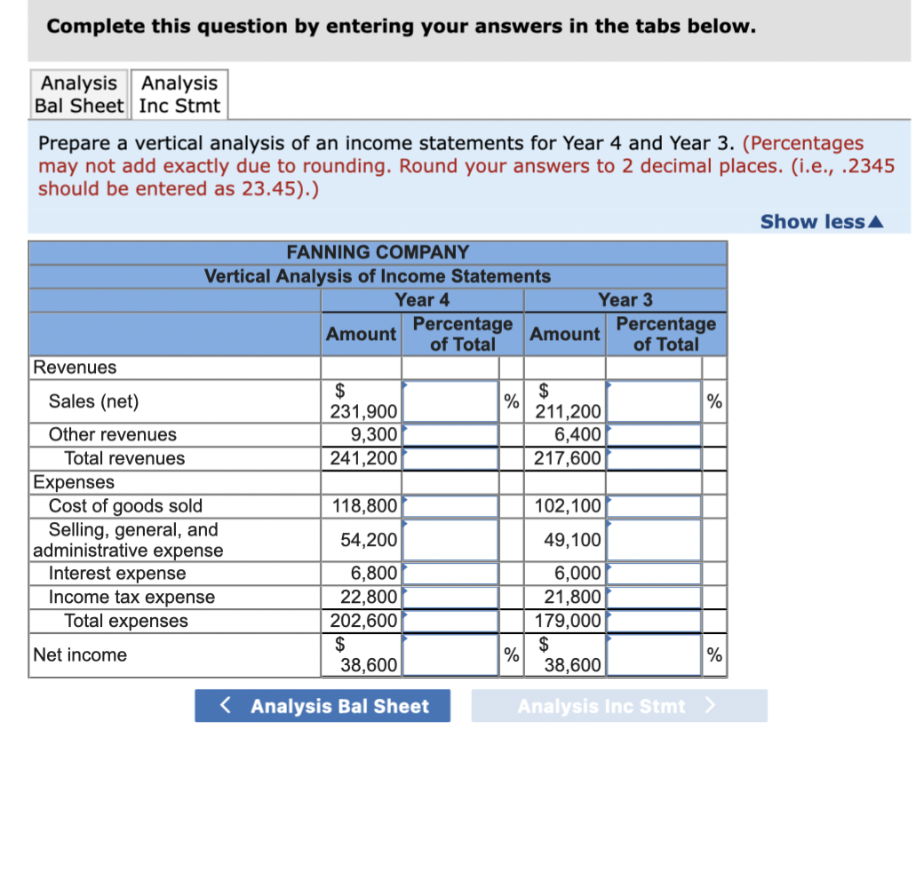 Complete this question by entering your answers in the tabs below.
Analysis Analysis
Bal Sheet Inc Stmt
Prepare a vertical analysis of an income statements for Year 4 and Year 3. (Percentages
may not add exactly due to rounding. Round your answers to 2 decimal places. (i.e., .2345
should be entered as 23.45).)
Revenues
Sales (net)
Other revenues
Total revenues
Expenses
Cost of goods sold
FANNING COMPANY
Vertical Analysis of Income Statements
Year 4
Selling, general, and
administrative expense
Interest expense
Income tax expense
Total expenses
Net income
Amount
$
231,900
9,300
241,200
118,800
54,200
6,800
22,800
202,600
$
38,600
Percentage
of Total
Analysis Bal Sheet
%
%
Year 3
Amount
$
211,200
6,400
217,600
102,100
49,100
6,000
21,800
179,000
$
Percentage
of Total
%
%
38,600
Analysis Inc Stmt >
Show less