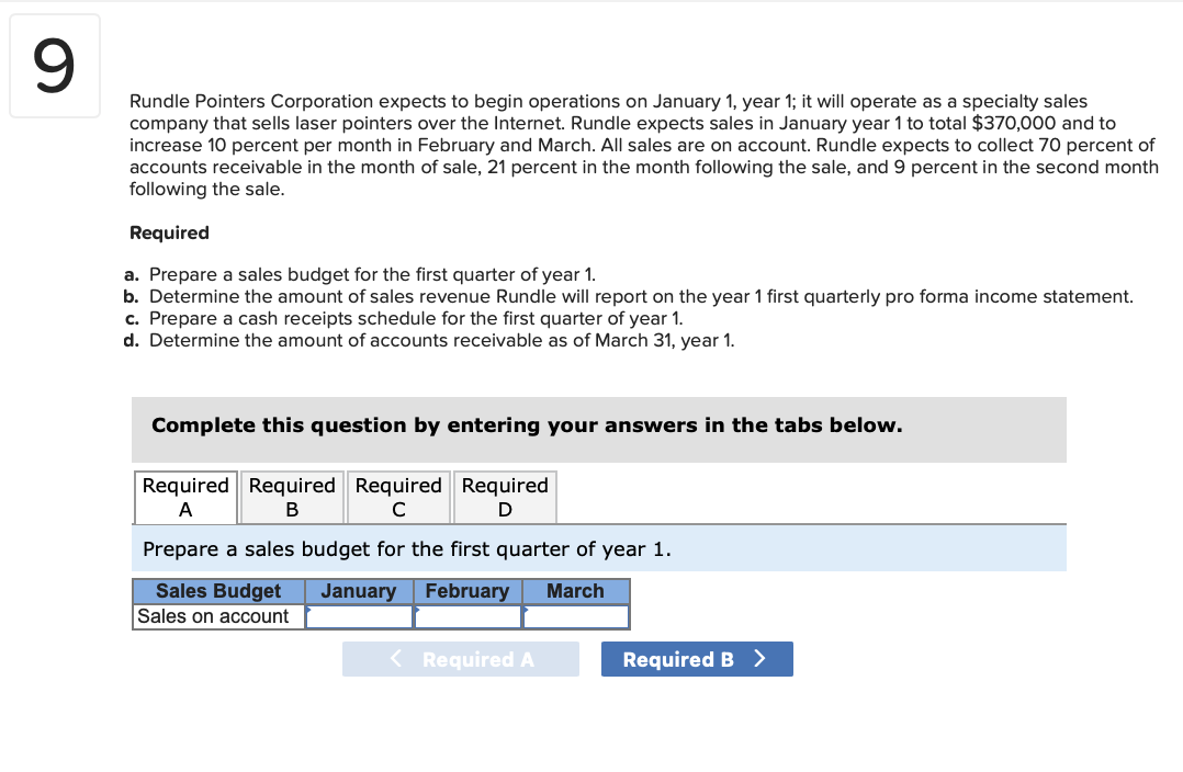 9
Rundle Pointers Corporation expects to begin operations on January 1, year 1; it will operate as a specialty sales
company that sells laser pointers over the Internet. Rundle expects sales in January year 1 to total $370,000 and to
increase 10 percent per month in February and March. All sales are on account. Rundle expects to collect 70 percent of
accounts receivable in the month of sale, 21 percent in the month following the sale, and 9 percent in the second month
following the sale.
Required
a. Prepare a sales budget for the first quarter of year 1.
b. Determine the amount of sales revenue Rundle will report on the year 1 first quarterly pro forma income statement.
c. Prepare a cash receipts schedule for the first quarter of year 1.
d. Determine the amount of accounts receivable as of March 31, year 1.
Complete this question by entering your answers in the tabs below.
Required Required Required
A
B
Required
D
с
Prepare a sales budget for the first quarter of year 1.
Sales Budget January February March
Sales on account
< Required A
Required B >