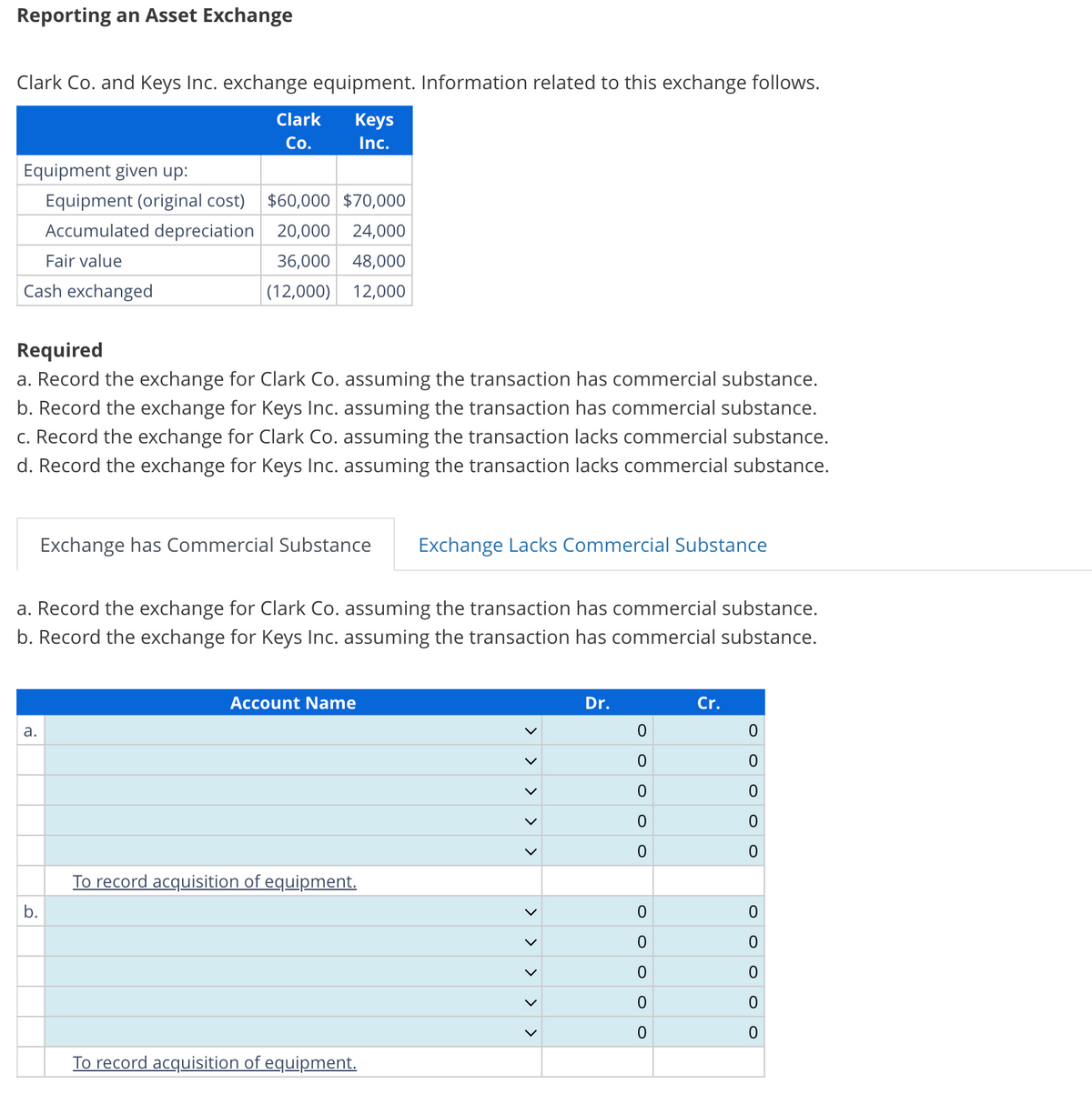 Reporting an Asset Exchange
Clark Co. and Keys Inc. exchange equipment. Information related to this exchange follows.
Keys
Inc.
Equipment given up:
Equipment (original cost) $60,000 $70,000
Accumulated depreciation 20,000 24,000
Fair value
36,000 48,000
12,000
Cash exchanged
(12,000)
Clark
Co.
Required
a. Record the exchange for Clark Co. assuming the transaction has commercial substance.
b. Record the exchange for Keys Inc. assuming the transaction has commercial substance.
c. Record the exchange for Clark Co. assuming the transaction lacks commercial substance.
d. Record the exchange for Keys Inc. assuming the transaction lacks commercial substance.
a.
a. Record the exchange for Clark Co. assuming the transaction has commercial substance.
b. Record the exchange for Keys Inc. assuming the transaction has commercial substance.
b.
Exchange has Commercial Substance Exchange Lacks Commercial Substance
Account Name
To record acquisition of equipment.
To record acquisition of equipment.
くく くく く
>
>
>
Dr.
0
0
0
0
0
0
0
0
0
0
Cr.
0
0
0
0
0
0
0
0
0
0