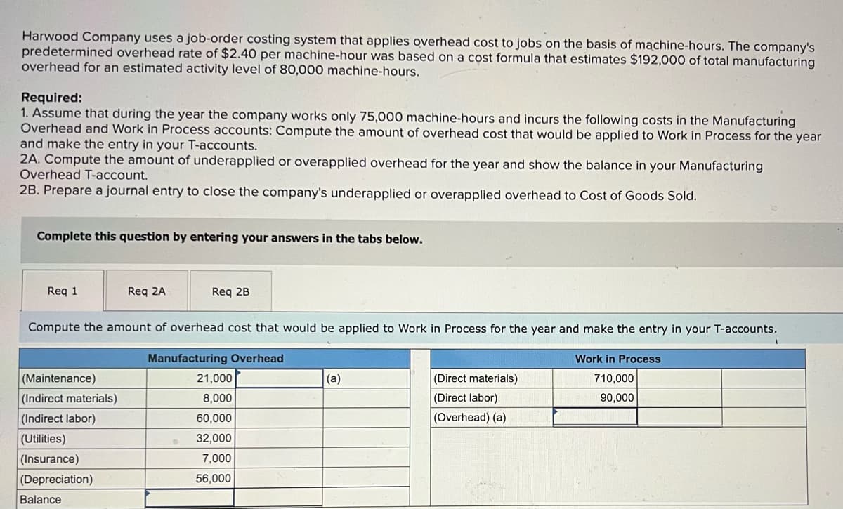 Harwood Company uses a job-order costing system that applies overhead cost to jobs on the basis of machine-hours. The company's
predetermined overhead rate of $2.40 per machine-hour was based on a cost formula that estimates $192,000 of total manufacturing
overhead for an estimated activity level of 80,000 machine-hours.
Required:
1. Assume that during the year the company works only 75,000 machine-hours and incurs the following costs in the Manufacturing
Overhead and Work in Process accounts: Compute the amount of overhead cost that would be applied to Work in Process for the year
and make the entry in your T-accounts.
2A. Compute the amount of underapplied or overapplied overhead for the year and show the balance in your Manufacturing
Overhead T-account.
2B. Prepare a journal entry to close the company's underapplied or overapplied overhead to Cost of Goods Sold.
Complete this question by entering your answers in the tabs below.
Req 1
Req 2A
Req 2B
Compute the amount of overhead cost that would be applied to Work in Process for the year and make the entry in your T-accounts.
Manufacturing Overhead
Work in Process
(Maintenance)
21,000
(a)
(Direct materials)
710,000
(Indirect materials)
8,000
(Direct labor)
90,000
(Indirect labor)
60,000
(Overhead) (a)
|(Utilities)
32,000
(Insurance)
7,000
(Depreciation)
56,000
Balance
