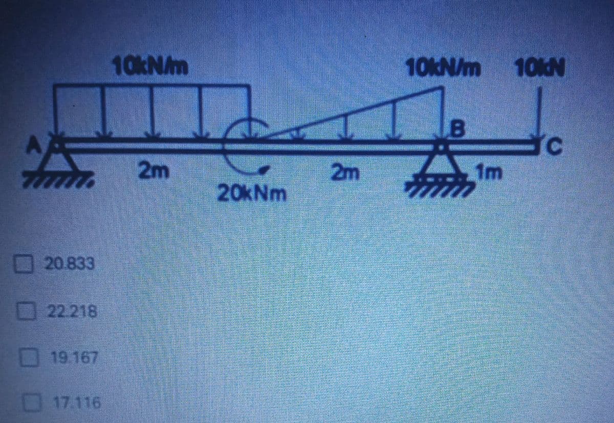 10kNm
10KN/m 10N
B
A
2m
2m
1m
20kNm
20.833
22.218
19 167
17.116
