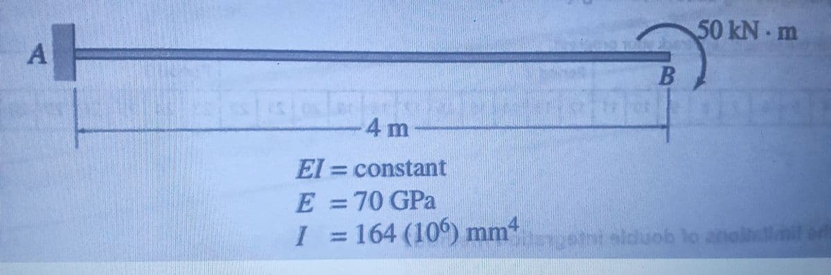 50 kN m
4m
El=constant
%3D
E = 70 GPa
I = 164 (106) mm
%D
* telduob lo anollall or
で
