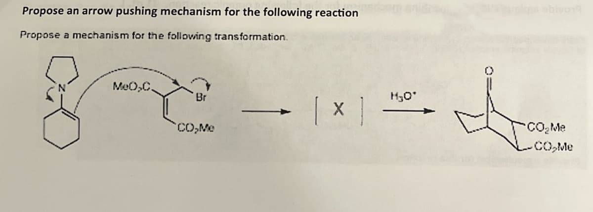 Propose an arrow pushing mechanism for the following reaction
Propose a mechanism for the following transformation.
MeO,C.
Br
CO,Me
ebivor
130°
CO₂ Me
CO Me