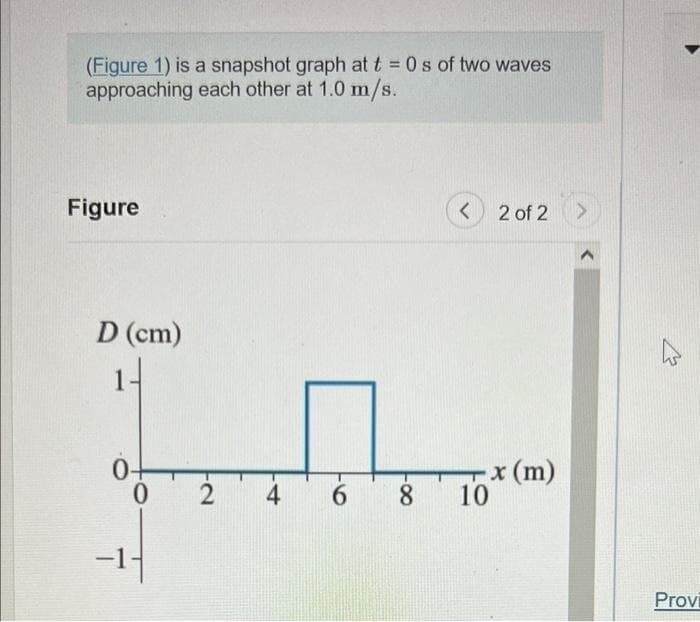 (Figure 1) is a snapshot graph at t = 0s of two waves
approaching each other at 1.0 m/s.
Figure
<
2 of 2 >
D (cm)
0-
T
0 2
4
6
8
10
x (m)
Provi