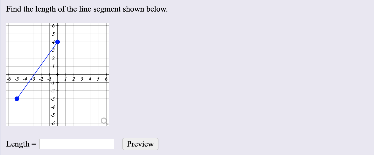 Find the length of the line segment shown below.
5-
-4
-6 -5 -4 A3 -2
-2
-3
-4
-5
-6-
Length =
Preview
1,
