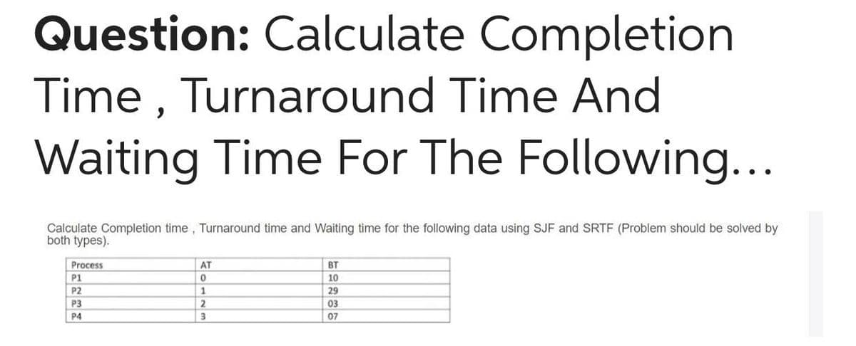 Question: Calculate Completion
Time , Turnaround Time And
Waiting Time For The Following...
Calculate Completion time, Turnaround time and Waiting time for the following data using SJF and SRTF (Problem should be solved by
both types).
Process
AT
BT
P1
10
P2
1
29
P3
03
P4
3
07
