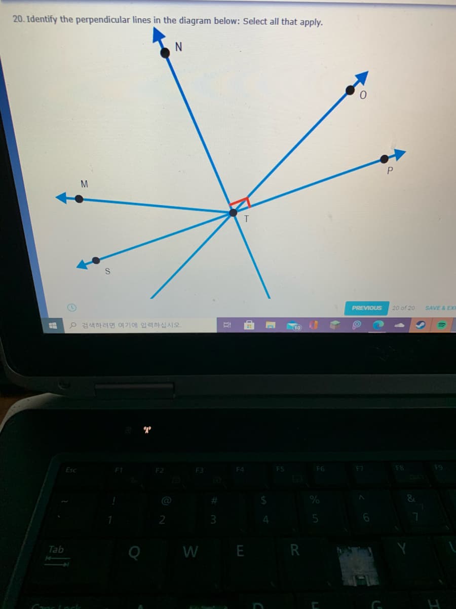 20. Identify the perpendicular lines in the diagram below: Select all that apply.
M
PREVIOUS
20 of 20
SAVE & EX
ρ 검색하려면 여기에 입력하십시오.
Esc
F1
F2
F3
F4
FS
F6
F7
@
%23
2
3.
WE R
Tab
Canc fock
G
