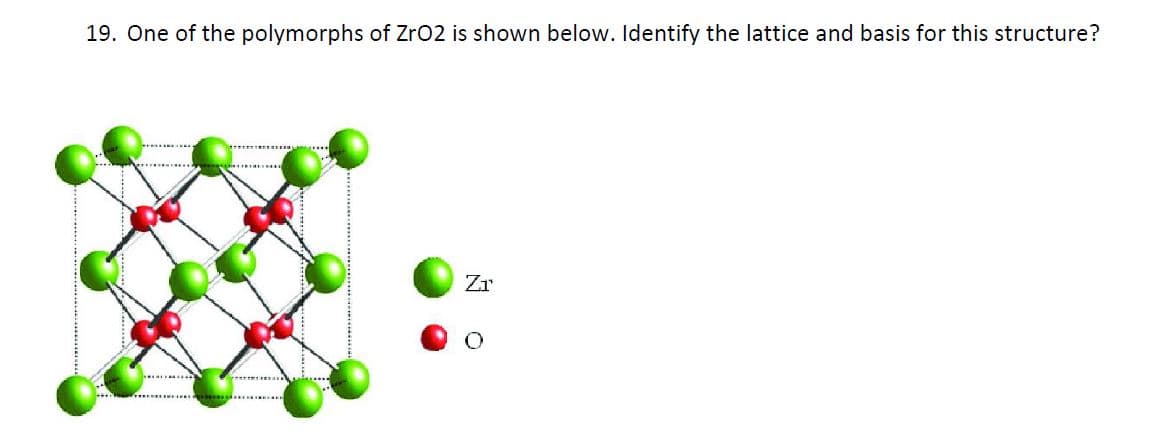 19. One of the polymorphs of ZrO2 is shown below. Identify the lattice and basis for this structure?
Zr