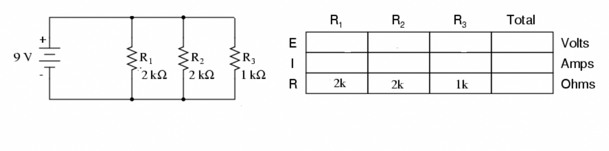 R,
R2
R3
Total
+
E
Volts
R3
1 kQ
9 V
R2
Amps
2 k2
2 k2
2k
2k
1k
Ohms
- R
