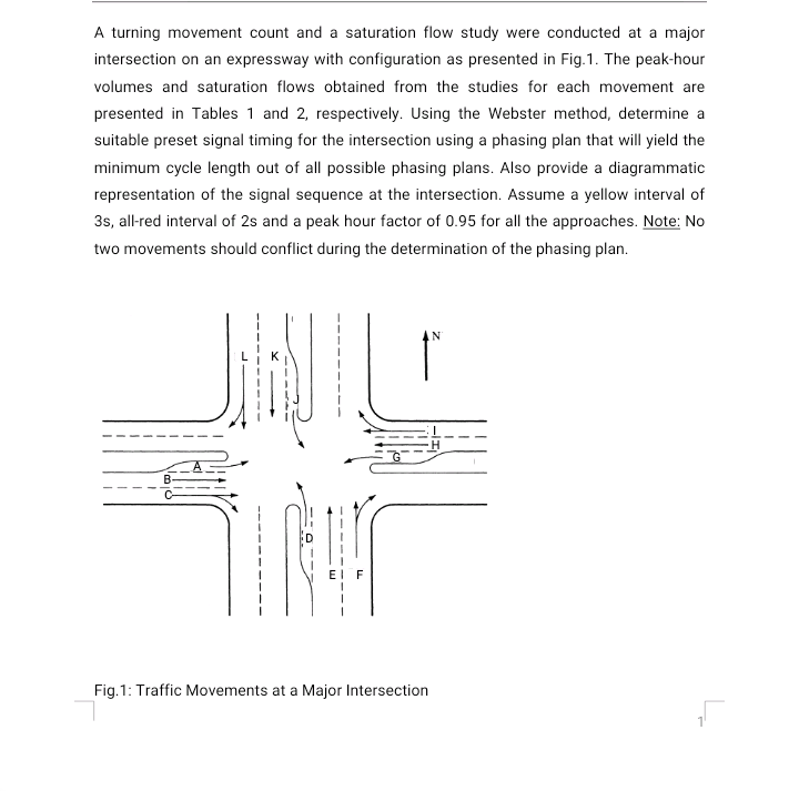 A turning movement count and a saturation flow study were conducted at a major
intersection on an expressway with configuration as presented in Fig.1. The peak-hour
volumes and saturation flows obtained from the studies for each movement are
presented in Tables 1 and 2, respectively. Using the Webster method, determine a
suitable preset signal timing for the intersection using a phasing plan that will yield the
minimum cycle length out of all possible phasing plans. Also provide a diagrammatic
representation of the signal sequence at the intersection. Assume a yellow interval of
3s, all-red interval of 2s and a peak hour factor of 0.95 for all the approaches. Note: No
two movements should conflict during the determination of the phasing plan.
Tur
F
Fig.1: Traffic Movements at a Major Intersection
N