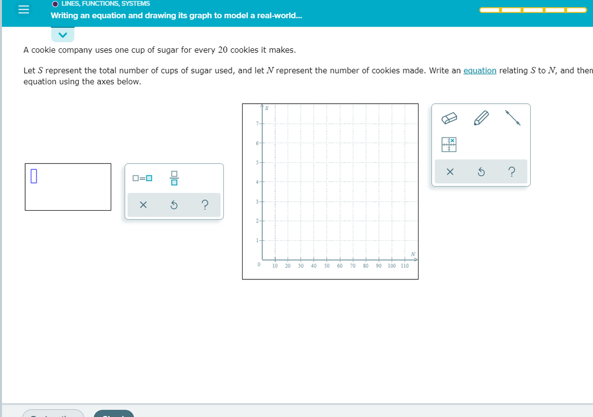 O LINES, FUNCTIONS, SYSTEMS
Writing an equation and drawing its graph to model a real-world...
A cookie company uses one cup of sugar for every 20 cookies it makes.
Let S represent the total number of cups of sugar used, and let N represent the number of cookies made. Write an equation relating S to N, and then
equation using the axes below.
6.
O=0
1-
10
20
30
40
50
60
70
80
90
100 110
O
II
