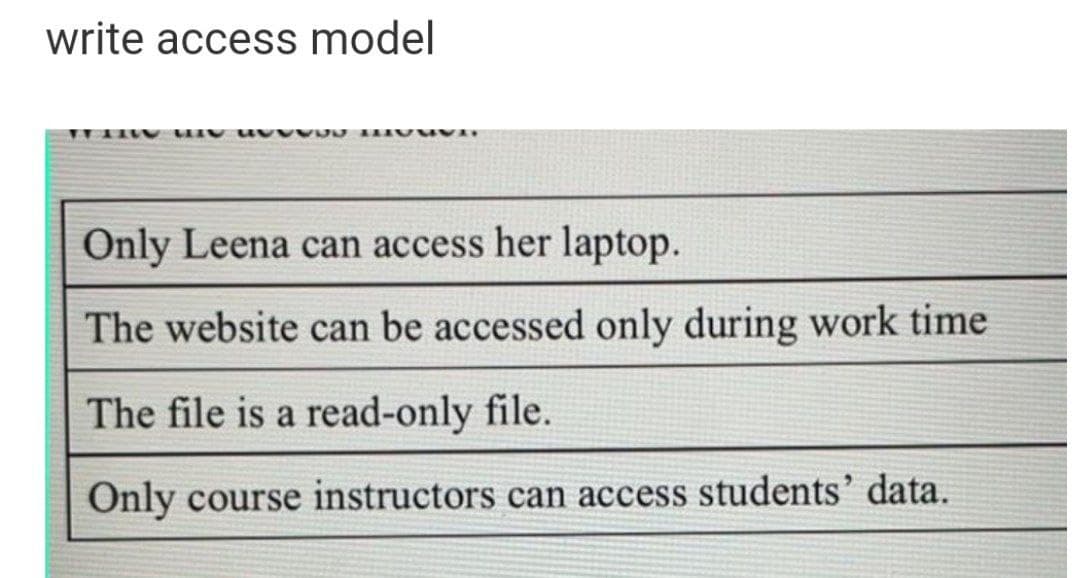 write access model
Only Leena can access her laptop.
The website can be accessed only during work time
The file is a read-only file.
Only course instructors can access students' data.
