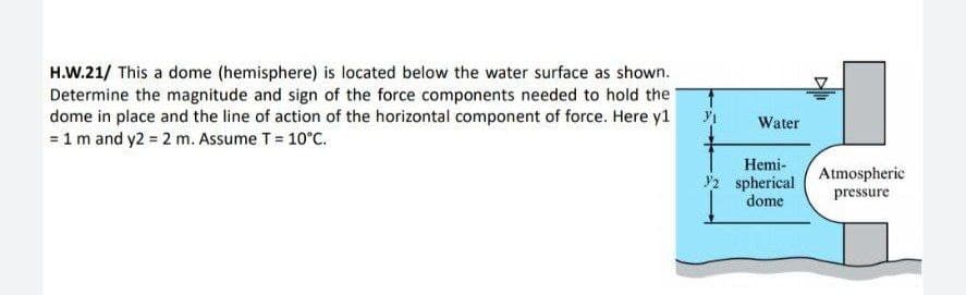 H.W.21/ This a dome (hemisphere) is located below the water surface as shown.
Determine the magnitude and sign of the force components needed to hold the
dome in place and the line of action of the horizontal component of force. Here y1
= 1 m and y2 = 2 m. Assume T = 10°C.
Water
Hemi-
2 spherical
dome
Atmospheric
pressure
