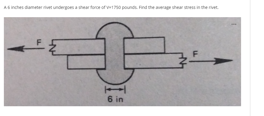 A 6 inches diameter rivet undergoes a shear force of V=1750 pounds. Find the average shear stress in the rivet.
6 in
