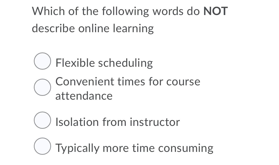 Which of the following words do NOT
describe online learning
Flexible scheduling
Convenient times for course
attendance
O Isolation from instructor
Typically more time consuming
