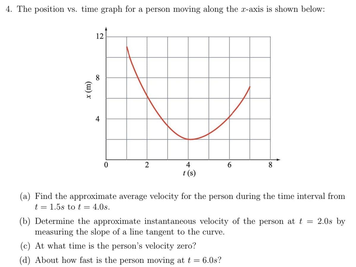 4. The position vs. time graph for a person moving along the x-axis is shown below:
x (m)
12
8
4
0
2
4
t(s)
6
8
(a) Find the approximate average velocity for the person during the time interval from
t = 1.5s to t = 4.0s.
(b) Determine the approximate instantaneous velocity of the person at t =
measuring the slope of a line tangent to the curve.
(c) At what time is the person's velocity zero?
(d) About how fast is the person moving at t = 6.0s?
2.0s by