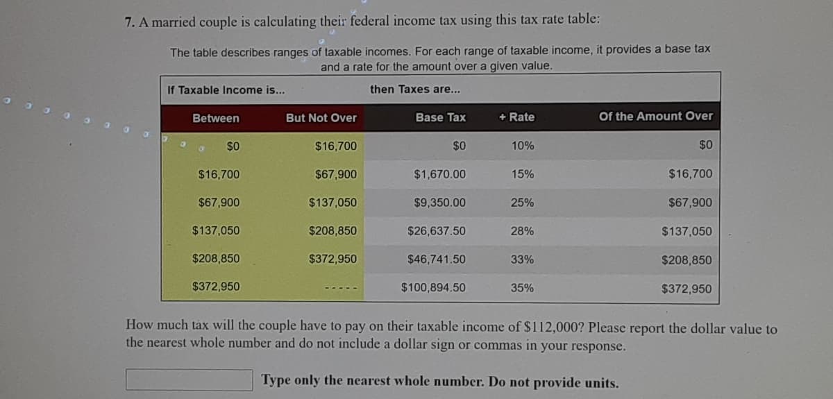 7. A married couple is calculating their federal income tax using this tax rate table:
The table describes ranges of taxable incomes. For each range of taxable income, it provides a base tax
and a rate for the amount over a given value.
If Taxable Income is...
then Taxes are...
Between
But Not Over
Base Tax
+ Rate
Of the Amount Over
$0
$16,700
$0
10%
$0
$16,700
$67,900
$1,670.00
15%
$16,700
$67,900
$137,050
$9,350.00
25%
$67,900
$137,050
$208,850
$26,637.50
28%
$137,050
$208,850
$372,950
$46,741.50
33%
$208,850
$372,950
$100,894.50
35%
$372,950
How much tax will the couple have to pay on their taxable income of $112,000? Please report the dollar value to
the nearest whole number and do not include a dollar sign or commas in your response.
Type only the nearest whole number. Do not provide units.
