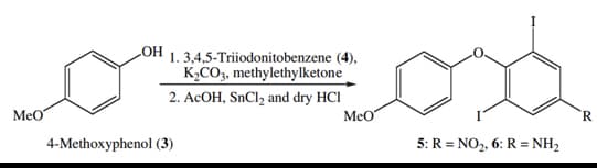 MeO
OH
1.3,4,5-Triiodonitobenzene (4),
K₂CO3, methylethylketone
2. AcOH, SnCl₂ and dry HCI
4-Methoxyphenol (3)
MeO
5: R = NO₂, 6: R = NH₂
R
20