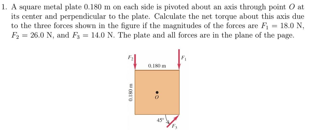 1. A square metal plate 0.180 m on each side is pivoted about an axis through point O at
its center and perpendicular to the plate. Calculate the net torque about this axis due
to the three forces shown in the figure if the magnitudes of the forces are F₁ 18.0 N,
F2 = 26.0 N, and F3 14.0 N. The plate and all forces are in the plane of the page.
=
0.180 m
0.180 m
45°
F₁
=