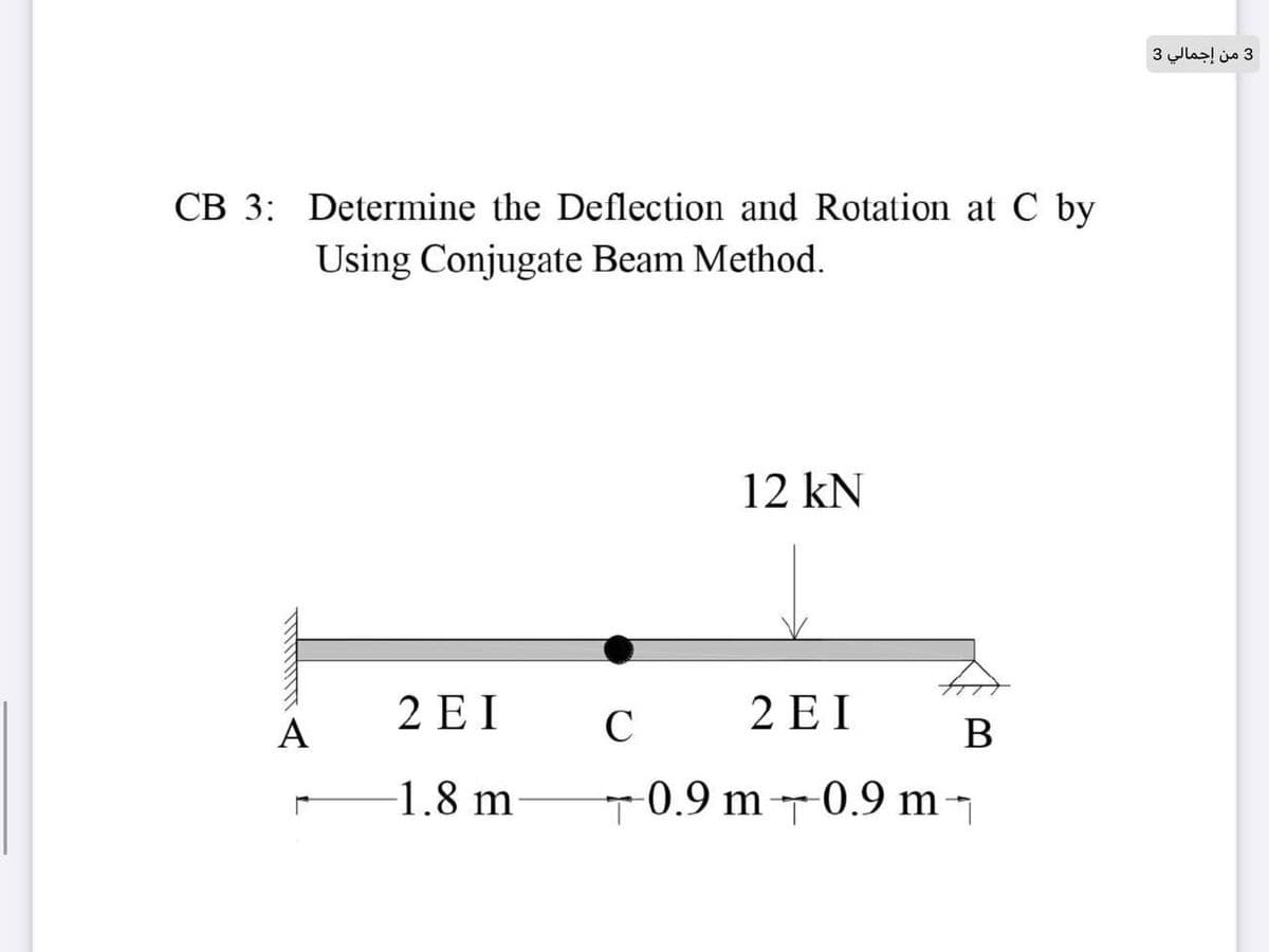 3 من إجمالي 3
CB 3: Determine the Deflection and Rotation at C by
Using Conjugate Beam Method.
12 kN
2 E I
C
2 E I
A
B
-1.8 m
-0.9 m-0.9 m -¬
