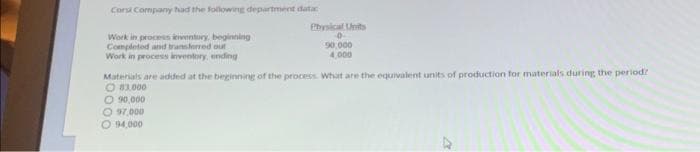 Corst Company had the following department data
Work in process inventory, beginning
Completed and transferred out
Work in process inventory, ending
Physical Units
0
90,000
4,000
Materials are added at the beginning of the process. What are the equivalent units of production for materials during the period?
O 83.000
O 90,000
O 97,000
O94.000