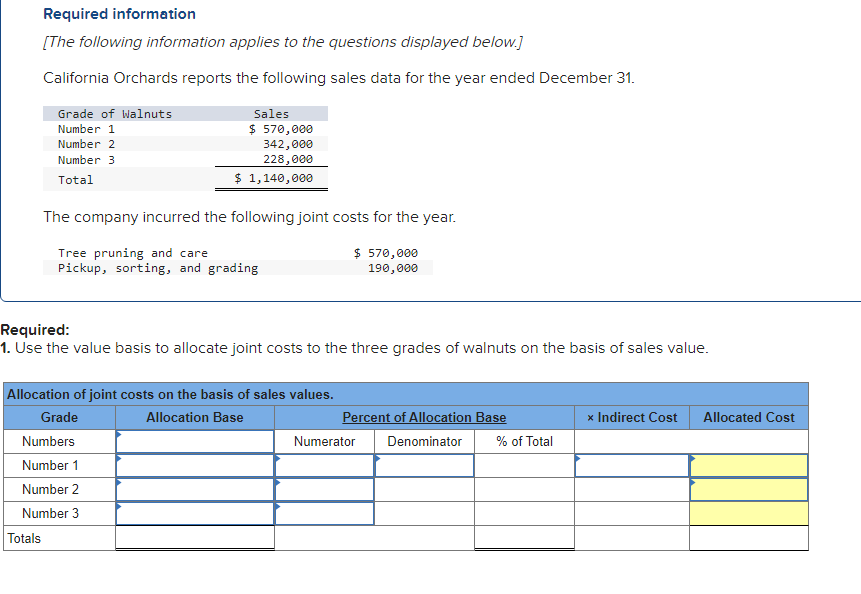 Required information
[The following information applies to the questions displayed below.]
California Orchards reports the following sales data for the year ended December 31.
Grade of Walnuts
Number 1
Number 2
Number 3
Total
Sales
$ 570,000
342,000
228,000
$ 1,140,000
The company incurred the following joint costs for the year.
$ 570,000
190,000
Totals
Tree pruning and care
Pickup, sorting, and grading
Required:
1. Use the value basis to allocate joint costs to the three grades of walnuts on the basis of sales value.
Allocation of joint costs on the basis of sales values.
Allocation Base
Grade
Numbers
Number 1
Number 2
Number 3
Percent of Allocation Base
Numerator Denominator
% of Total
x Indirect Cost Allocated Cost