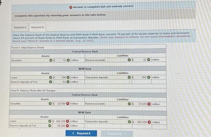 Complete this question by entering your answers in the tabs below.
Required A Required B
Show the balance sheet of the Federal Reserve and MHM Bank if MHM Bank converts 70 percent of its excess reserves to loans and borrowers
return 85 percent of these funds to MHM Bank as transaction deposits. (Enter your answers in millions. Do not round intermediate calculations.
Round your "Panel 8" answers to 3 decimal places. (e.g., 32.161))
Panel A Initial Balance Sheets -
Securities
Loans
Reserve deposits at Fed
Securities
Assets
Loans
Reserve deposits at Fed
Assets
Panel B: Balance Sheet after All Changes
Os
O
Assets
Assets
Answer is complete but not entirely correct.
598
52
52 million
Federal Reserve Bank
$545.220
60,580
Reserve accounts
MHM Bank
million Transaction deposits
million
Federal Reserve Bank,
S52.000 million Reserve accounts
MHM Bank
million Transaction deposits
million
< Required A
Liabilities
Liabilities
Os
Liabilities
Liabilities
Required B
52 milion
650 million
51.610 million
$ 605 500 million