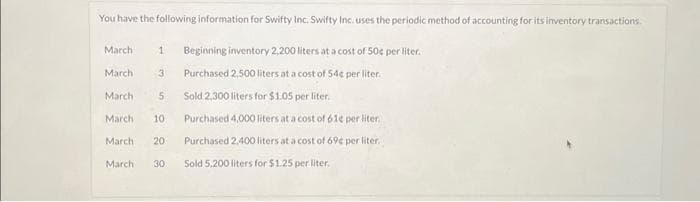 You have the following information for Swifty Inc. Swifty Inc. uses the periodic method of accounting for its inventory transactions.
March
1 Beginning inventory 2,200 liters at a cost of 50¢ per liter.
March
3
Purchased 2,500 liters at a cost of 54¢ per liter.
March 5
Sold 2,300 liters for $1.05 per liter.
March 10
Purchased 4,000 liters at a cost of 61e per liter.
Purchased 2,400 liters at a cost of 69¢ per liter.
Sold 5,200 liters for $1.25 per liter.
March 20
March 30