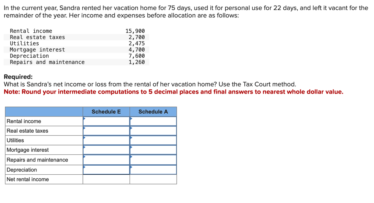 In the current year, Sandra rented her vacation home for 75 days, used it for personal use for 22 days, and left it vacant for the
remainder of the year. Her income and expenses before allocation are as follows:
Rental income
Real estate taxes
Utilities
Mortgage interest
Depreciation
Repairs and maintenance
Required:
What is Sandra's net income or loss from the rental of her vacation home? Use the Tax Court method.
Note: Round your intermediate computations to 5 decimal places and final answers to nearest whole dollar value.
Rental income
Real estate taxes
Utilities
Mortgage interest
Repairs and maintenance
Depreciation
Net rental income
15,900
2,700
2,475
4,700
7,600
1,260
Schedule E
Schedule A