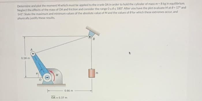 Determine and plot the moment Mwhich must be applied to the crank OA in order to hold the cylinder of mass m - Bkg in equilibrium.
Neglect the effects of the mass of OA and friction and consider the range Oses 180". After you have the plot evaluate Mat e- 17 and
141 State the maximum and minimum values of the absolute value of Mand the values of 8 for which these extremes occur, and
ly justity these results.
physicall
0.58 m
0.66 m
OA - 0.37 m
